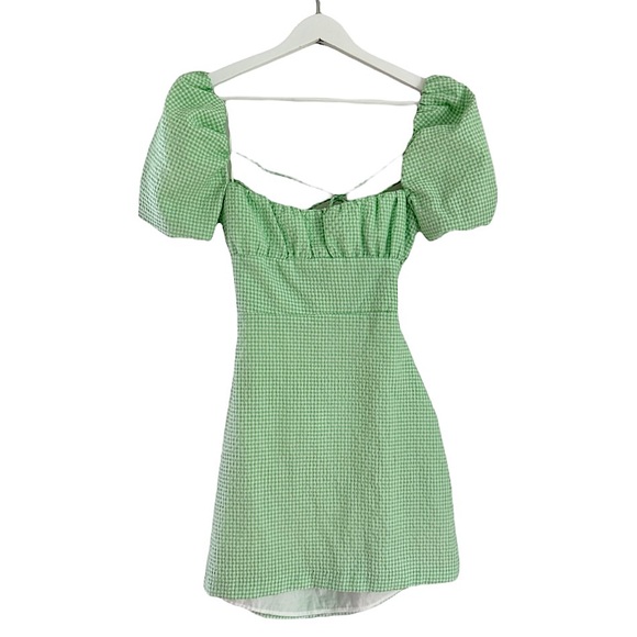 Zara Dresses & Skirts - NWT Zara Lace Up Back Mini Dress Puff Sleeve Gingham Green and White Size Medium